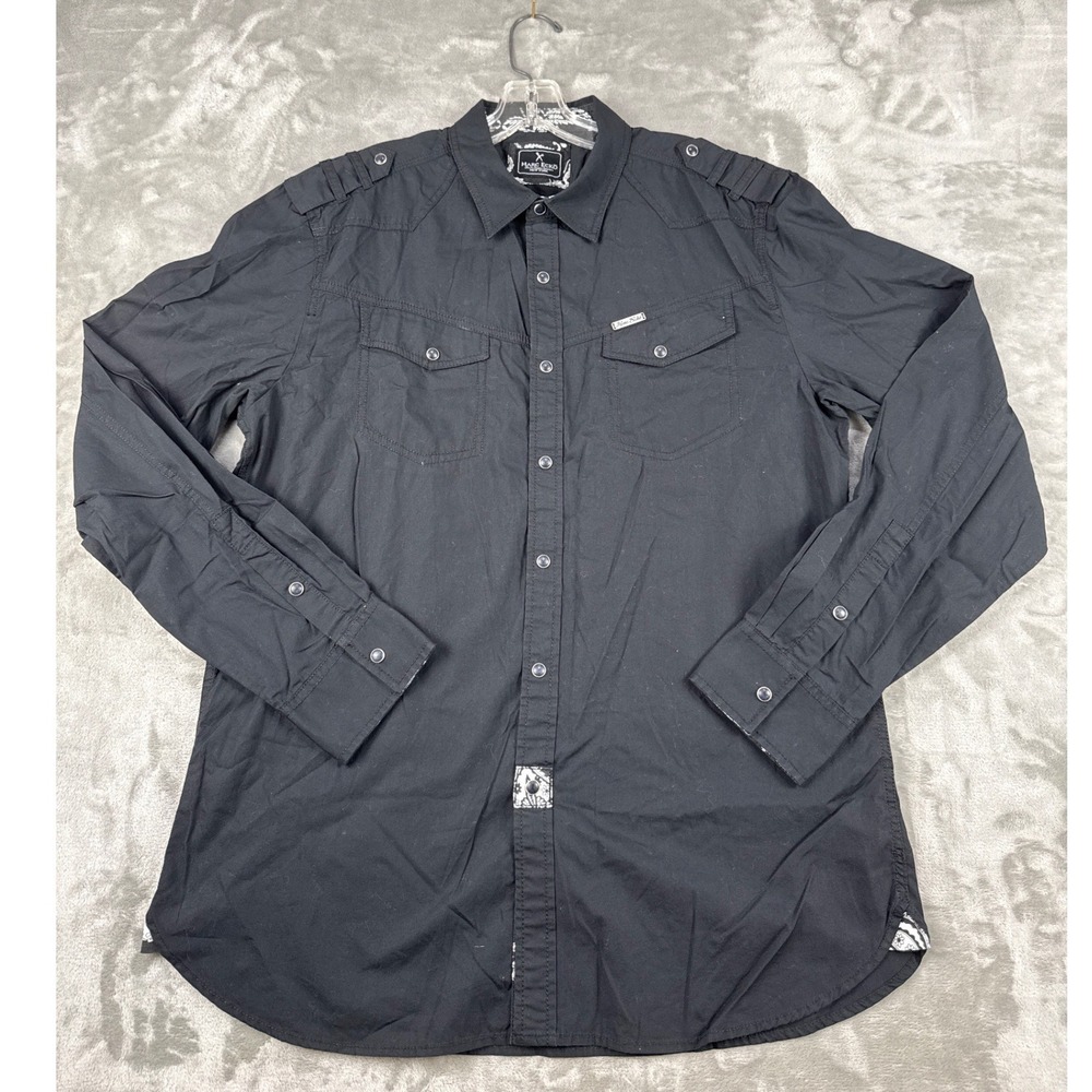 Marc Ecko Mens Black Long Sleeve Snap Button Up Shirt Military Epaulets L NEW